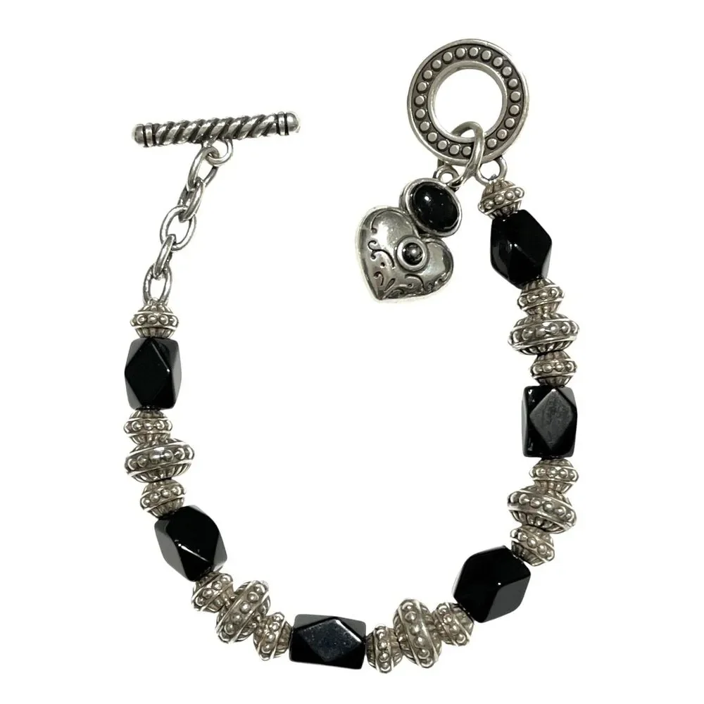 Brighton Toggle Bracelet Silver Plated Black Faceted Glass Bead Heart Love 7.5